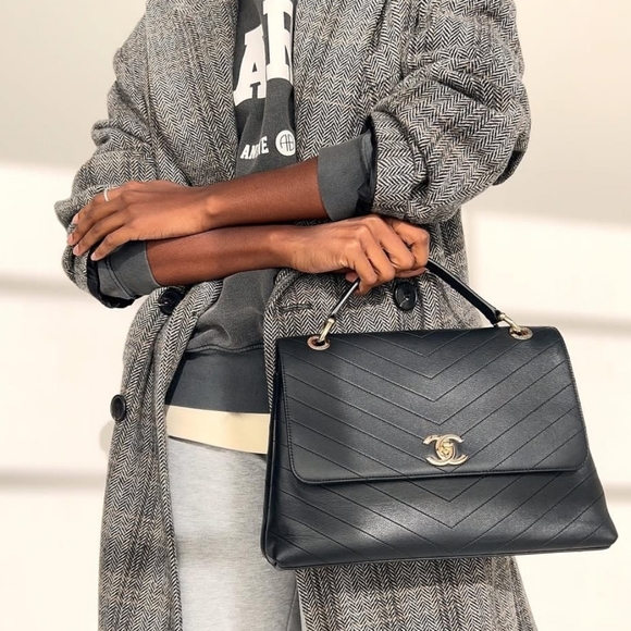 RARE! Authentic! Chanel CC Coco Top Handle Calfskin Quilted Chevron Leather Flap - Picture 12 of 16